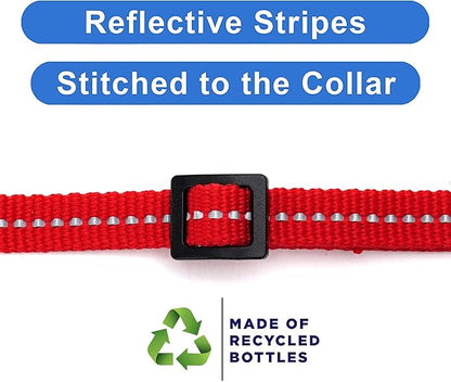 Pawtitas Recycled Red Reflective Cat Collar – Eco-Friendly Breakaway Safety Buckle, Adjustable Kitten & Adult Collar with Removable Bell and High-Visibility Strap