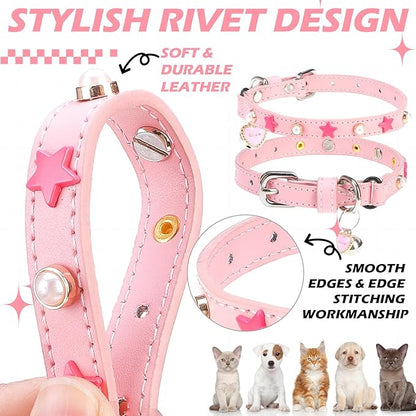 EXPAWLORER Leather Cat Collar for Girl Boy- Adjustable Pet Collar with Safety Elastic Belt,Personalized Star & Pearl Accessories Buckle Collars with Bell & Durable D-Ring,Pentagram (Pink)