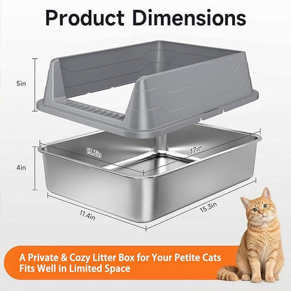 Stainless Steel Cat Litter Box, Odor Free Metal Litter Box with High Sides Lid, Open Top Low Entry Litter Pan Include Scoop Easy Cleaning Anti-Scratch Kitty Cat Box Anti-Urine Leakage, Non-Sticky