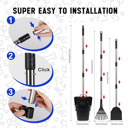 39.8'' Long Handle Dog Pooper Scooper with 20 Bag Attachment Heavy Duty Swivel Bin, Rake & Spade Easy to Clean Poop Scooper for Large Medium Dogs Pet Waste Removal Solution for Yard, Grass, Gravel