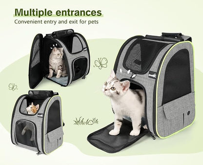 Pecute Cat Backpack Carrier XL, Expandable Pet Backpack Curtain Design for Cats Dogs Up to 15lbs, with 4-Side Breathable Mesh, Multi-Entry & Lockable Zippers for Travel, Hiking, Camping - Hands Free