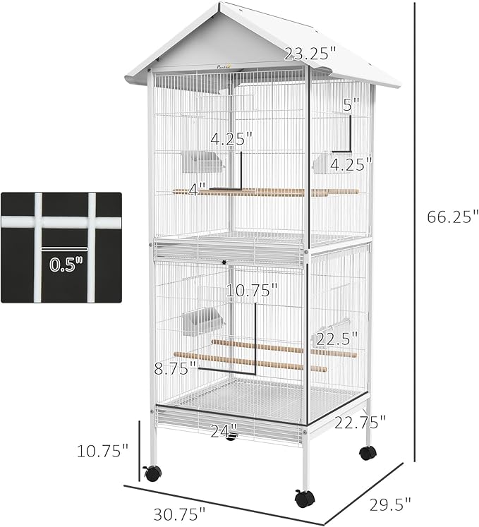 PawHut Wrought Metal Bird Cage Feeder with Rolling Stand Perches Food Containers Doors Wheels 67" H, White