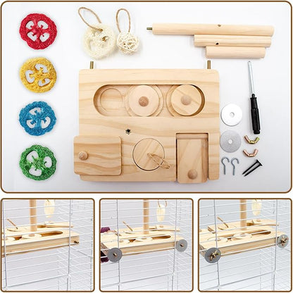 Interactive Wooden Bird Foraging Toy – Cage-Mounted Puzzle Feeder with Sliding Locks, Loofah & Vine Ball for Budgies, Cockatiels, Conures & Small Parrots