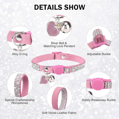Rhinestone Cat Collar Breakaway with Bell, Diamond Cat Collar with Safety Buckle Quick Release for Girl Boy Small Kitten Pets Puppy,Cute Soft Female Male Cat Collars, Color Pink 7-9"