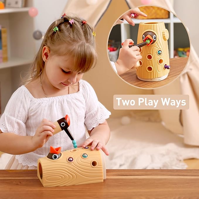 TOP BRIGHT Montessori Toys for 2 Year Old Girl and Boy, Fine Motor Skills Toddler Toys Age 2-4, Woodpecker Worm Toy Magnetic Bird Feeding Game