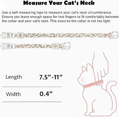 2 Pack Cotton Breakaway Cat Collars Set with Bell and Flower Pendant, Cute Floral Fruit Patterned, Adjustable 7.5-11Inch, Include A Mouse Toy Gift