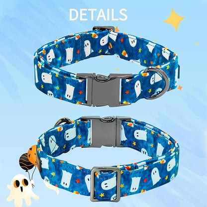 Halloween Dog Collar, Ghost Print Adjustable Pet Collar Blue Cute Cotton Soft Collars with Bow Tie Fall Metal Buckle Holiday Puppy Collars Boy&Girl Gift for Small Dogs