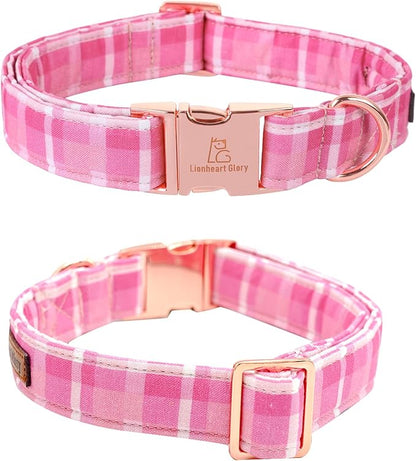 Lionheart glory Pink Plaid Dog Collar, Adjustable Dog Collar with Bowtie, Pet Gift Girl Collar for Dog Soft Bowtie Dog Collars for X-Large Dogs