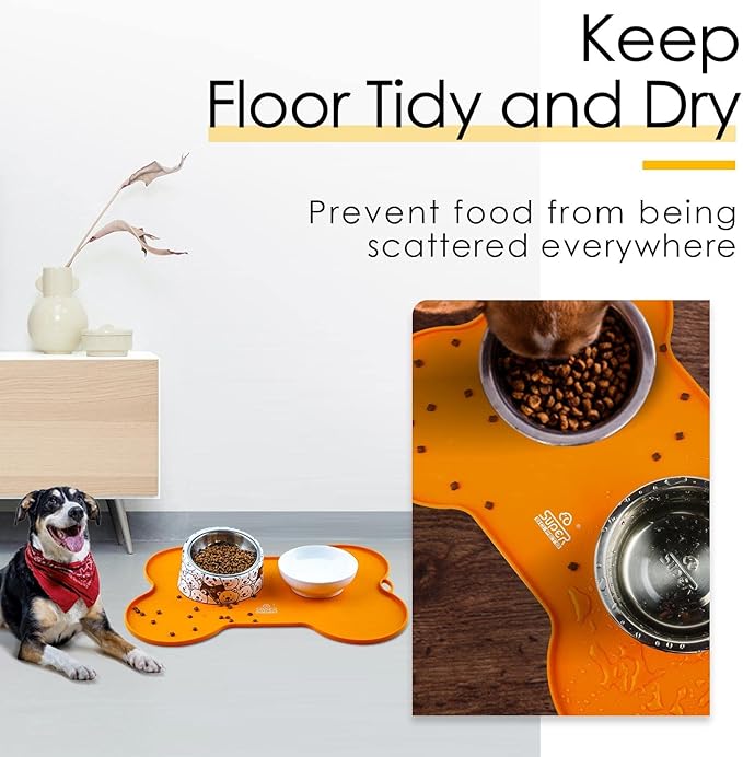 Super Design Dog Food Mat Dog Bowl Mat for Food and Water Silicone Non Spill Cat Feeding Mat Puppy Placemat Waterproof - 20.5" x 14.5", Orange