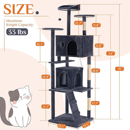 Large Cat Tree 70 Inch, Multi-Level Cat Tree Tower with Condo, Perches, Sisal Scratching Posts and Climbing Ladder, Pet Play House with Dangling Balls for Indoor Cats, Dark Grey