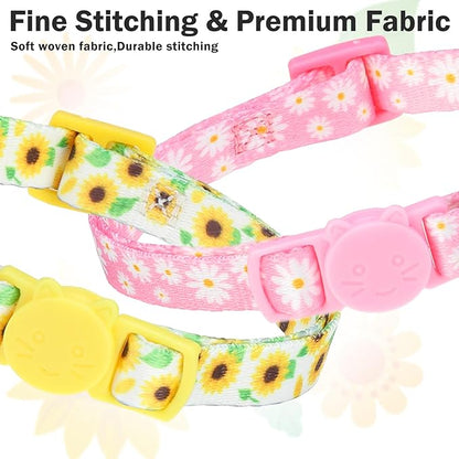 Cat Collars for Girl Cats, 3 Pack Spring Flower Cat Collars Breakaway with Bell for Outdoor Indoor Kitten, Cute Collar with Safety Buckle Adjustable 8"-12" for Kitty Puppy Small Pets, Floral