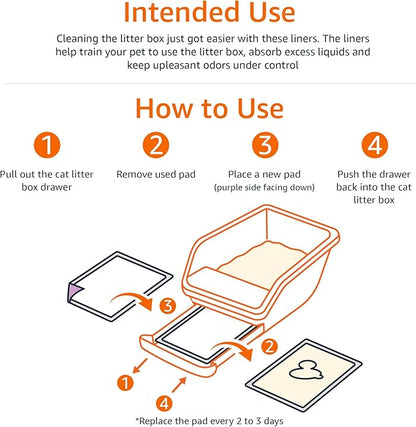 Amazon Basics Cat Pee Pads, Super Absorbent, Odor Control, Unscented, Universal Fit for Litter Box, Disposable, White/Purple, 100 Count