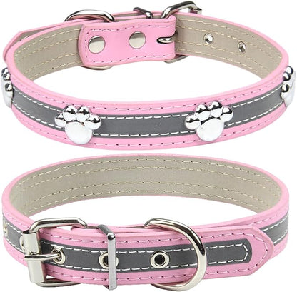 PETCARE Reflective Dog Collar with Cute Paw Rivet Studded Funny Soft PU Leather Adjustable Puppy Dog Collars for Small Medium Large Dogs Cats (Pink,XX-Large)
