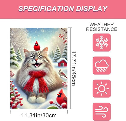 Christmas Garden Flag Cute Cat Red Cardinal Winter Snow Scene Outdoor Yard Flag 12x18 Inch Double Sided Banner For Front Yard Porch Lawn Patio Festive Holiday Seasonal Home Decor