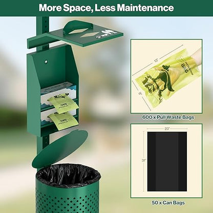 POCHAR Dog Waste Station Outdoor, Aluminum Rustproof Pet Poop Station with 600 Waste Bags & 50 Can Liners, Dog Park Equipment with Sign & Lid - Pet Poop Disposal System for Backyard