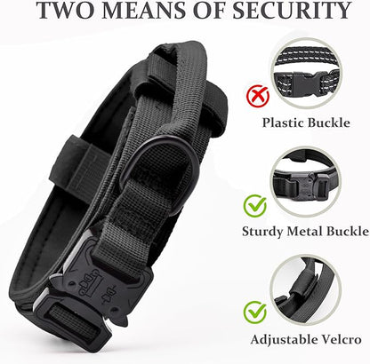 Tactical Dog Collar, Adjustable Military Training Nylon Dog Collar with Control Handle and Heavy Quick-Release Metal Buckle for Small Medium Large Dogs, Black M