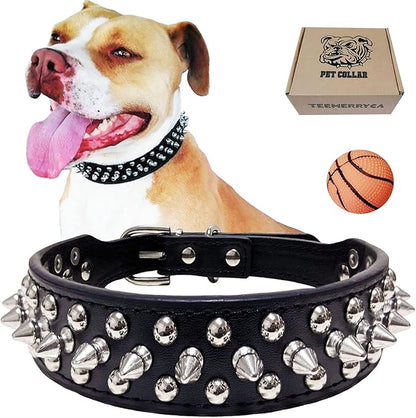 TEEMERRYCA Adjustable Microfiber Leather Spiked Studded Dog Collars with a Squeak Ball Gift for Small Medium Large Pets Like Cats/Pit Bull/Bulldog/Pugs/Husky, Black, M(12"-15")