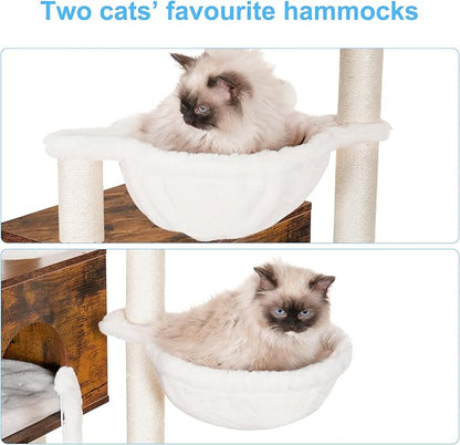Hey-brother Cat Tree with Litter Box Enclosure, Modern Cat Tower for Indoor Cats with Large Platform, Condo Food Station and 2 Hammocks, All-in-one Cat Furniture, Wood Rustic Brown MPJ115SR