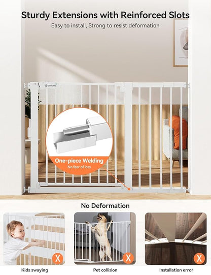COMOMY 30" Tall Baby Gate for Stairs Doorways, Fits Openings 29.5" to 46" Wide, Auto Close Extra Wide Dog Gate for House, Pressure Mounted Easy Walk Through Pet Gate with Door, White