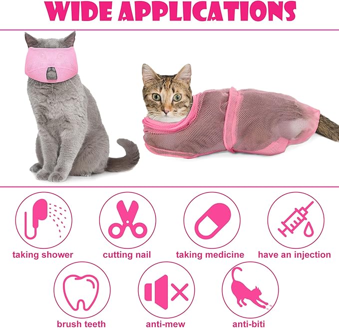 Patelai 5 Pcs Cat Bathing Bag Set Cat Grooming Bag Adjustable Pet Shower Net Muzzles Nail Clipper Tick Remover Tool Massage Brush(Pink)