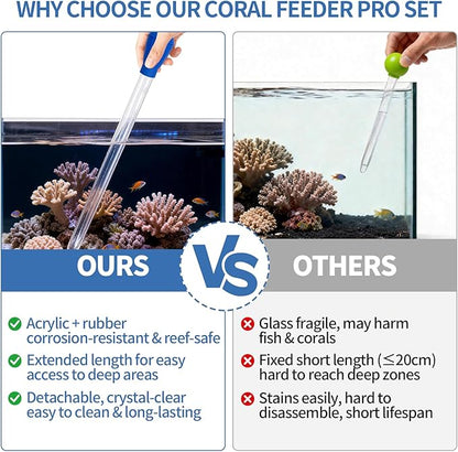 Extra Long Aquarium Coral Feeder Tool with Extension Tube, Deep Tank Fish Feeding Pipette, Long Pipette for Coral and Fish Feeding,Reef Tank Maintenance Accessories（17.7in&11.4in）