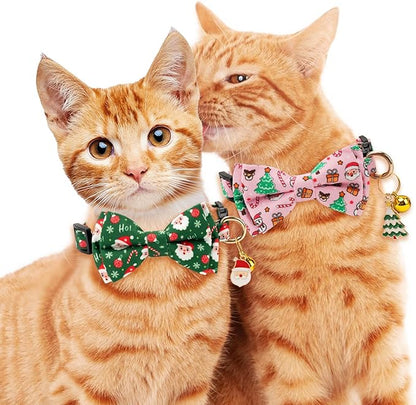 2 Pack Christmas Cotton Cat Collar with Bow Tie and Bell for male Female Cats,Soft Fancy Breakaway Kitty Kitten Collar with Tree & Santa Patterned Design for Boy Girl Cats. (Tree & Santa Claus)