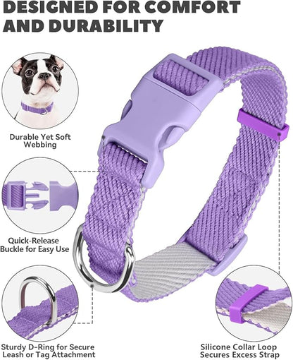 Dynmeow Soft and Breathable Cotton Dog Collar, Durable Adjustable Heavy-Duty Female Girl Pet Collar with Quick-Release Buckle, Lightweight for Sensitive Skin for Large Dogs, Purple, L