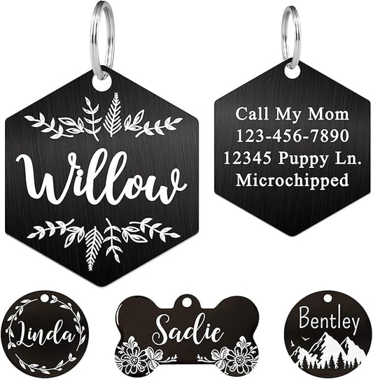 Ultra Joys Stainless Steel Pet ID Tag Dog Name Tags Personalized Front and Back Engraving, Customized Dog Tags and Cat Tag, Optional Engraved on Both Sides, Hexagon Tag with Vine Design, Large