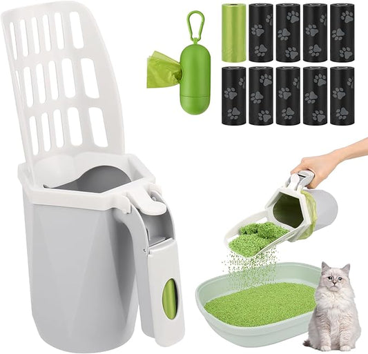MYPIN Cat Litter Scooper with Holder, Cat Litter Shovel with Waste Can and Refill 195 Bags, Large Capacity Cat Scooper Portable Litter Shovel, Cat Litter Sifter Scoop System with Bags