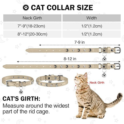 Leather Cat Collars for Boy Girl Cats with Bell and Safety Elastic Belt, Personalized Star and Moon Stud Adjustable Safe Buckle Collar for Kitty Small Big Cats Size 8-12 Inch, Gold