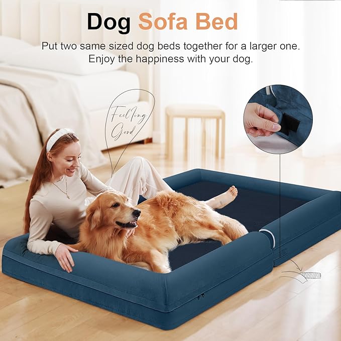 Large Dog Bed Orthopedic Washable: Extra Large Sized Beds for Jumbo Dogs Egg Crate Foam Sofa Couch Waterproof Removable Cover - Navy Blue