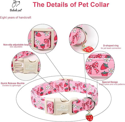 Strawberry Bow Dog Collar for Medium Dogs - Cute Pink Spring/Summer Girl Dog Collars, Lightweight Adjustable Female Girly Dogs Collars with Quick Release Buckle M