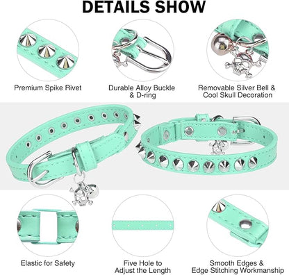 Leather Cat Collars for Boy Girl Cats with Bell and Safety Elastic Belt, Personalized Rivets Stud Adjustable Safe Buckle Collar with Skull Charm for Kitty Small Pets, Halloween Cat Collar