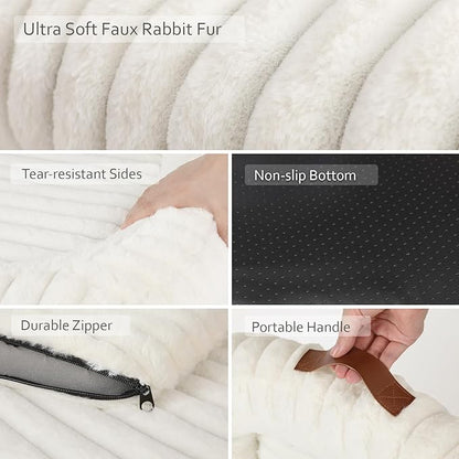 Washable Dog Bed for Extra Large Dogs - XL Soft Plush Furry Calming Dog Bed with Removable Zipper Cover, Orthopedic Rectangle Anti-Anxiety Pet Kennel Bed with Handle, 43x31x5inches, Cream