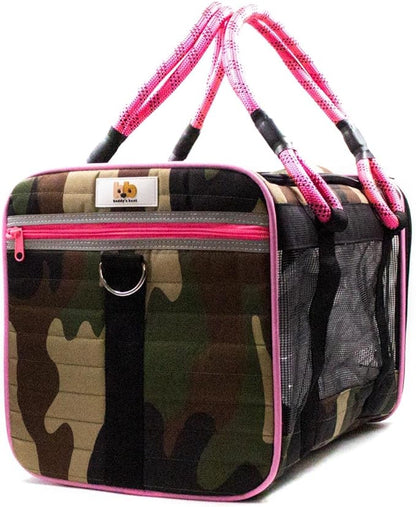 Buddy's Best Airline Approved Pet Carrier – Army Camo & Pink Heavy Duty, Fits Under Seat, TSA Compliant, Ventilated Mesh Design w/Waterproof Base & Reflective Safety Strips