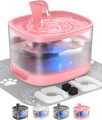 Veken Cat Water Fountain with Detachable Tank, Easy to Clean & Assemble, 84oz/2.5L Automatic Pet Drinking Dispenser with Quiet Operation & LED Light for Cats, Dogs and Small Pets, Red