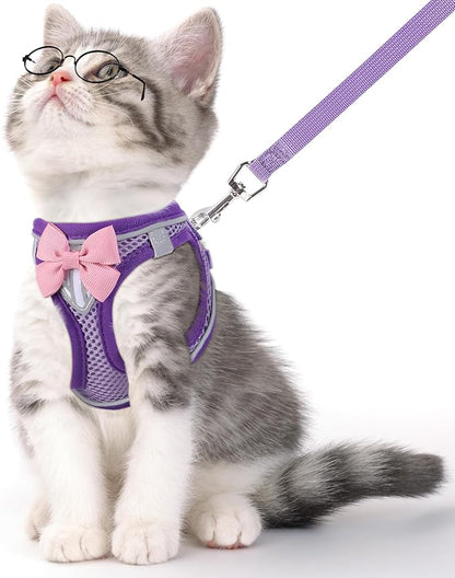 Cat Harness and Leash Set for Walking Escape Proof, Adjustable Kitten Harness Breathable Mesh with Reflective Strips Harness for Kitty Puppy Bunny Purple,Large