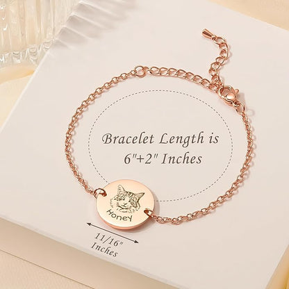 Anavia Personalized Pet Portrait Bracelet, Handmade Engraved Stainless Steel Round Disc Bracelet, Sketch Style Photo Pet Memorial Jewelry Gift for Animal Cat Dog Lovers
