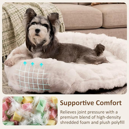 Dog Bed Couch Sofa for Small Medium Dogs and Cats Round Plush Orthopedic Sofa Pet Bed Washable Puppy Bed with Removable Cover Anxiety Relief Dog Couch Pet Furniture for Indoor Pets 30 x 30 x 9 White