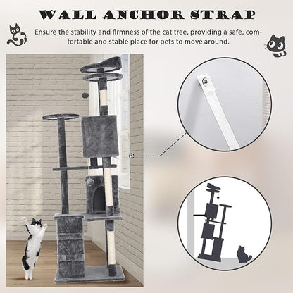 Heavy Duty Cat Tree Tower, 70" Tall Cat Tower for Indoor Cats with Cat Scratching Post with Bed, Cat Condo, Hanging Ball, Multi-Level Cat Climbing Tower Cat Trees Furniture Activity Center, Ashy
