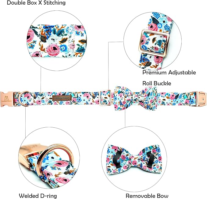 Lionheart glory Dog Collar Bow Collar Floral Dog Collar with Bow Tie Spring Summer Cute Collar Dog Boy or Girl Dog Collars Soft Durable Adjustable Dog Collars for Medium Dogs