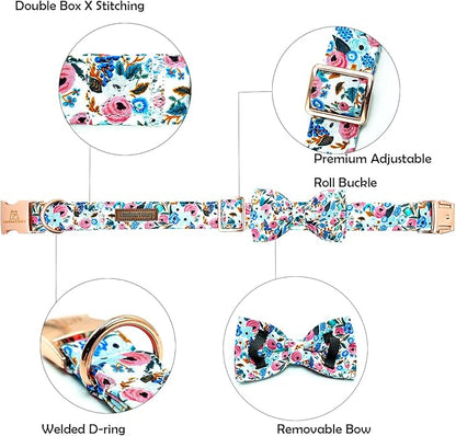 Lionheart glory Dog Collar Bow Collar Floral Dog Collar with Bow Tie Spring Summer Cute Collar Dog Boy or Girl Dog Collars Soft Durable Adjustable Dog Collars for Medium Dogs