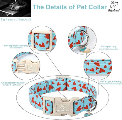 Valentines Dog Collar for Giant Large Dogs - Cute Valentine Blue Dog Collars, Adjustable Puppy Red Hearts Collar with Quick Release Buckle for Boys&Girls Dogs XL