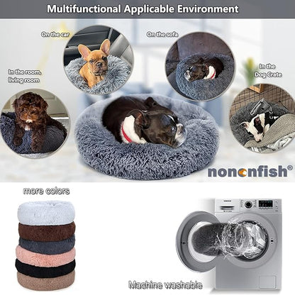 Small Calming Dogs Bed for Small Dogs Anti-Anxiety Machine Washable Fluffy Luxury Anti-Slip Waterproof Mute Base Warming Cozy Soft Pet Puppy Round Bed
