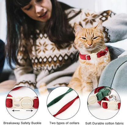 ARING PET 2 Pack Cat Collars-Cute Breakaway Cat Collar with Bell & Pendant, Adjustable Christmas Kitten Collars with Safety Buckle for Girl and Boy Cats