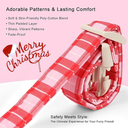 Plaid Dog Collar - Cute Red and Pink Plaid Puppy Collar with Safety Buckle, Soft Adjustable Holiday Dog Collars for Small Medium Large Dogs S