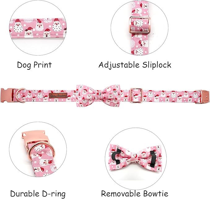 Dog Collar, Christmas Pink Santa Claus Cotton Pet Collar Bow Holiday Girl Boy Cute Puppy Collar Adjustable Pet Collar for X-Large Dogs