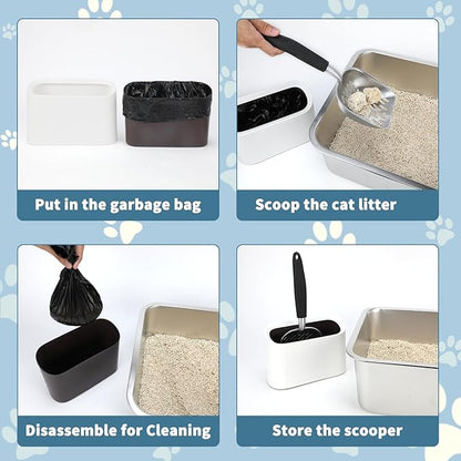 Heavy-Duty Cat Litter Scoop with Holder, Metal Cat Scooper and Detachable Trash Can,Aluminum Kitty Poop Shovel Captures All Clumps,Speed Sifter Litter Box Scooper and Caddy with Lid(White)