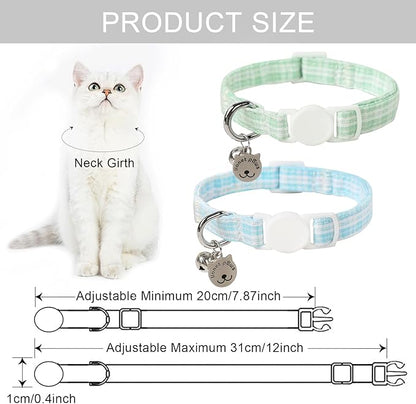 Lionet Paws 2pcs Pack Cotton Cat Collar,Breakaway Buckle with Green Blue Grid and Brand Pendant Cute Adjustable Cat Kitten Collar,Ideal for Girl Cats Boy Cats
