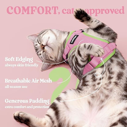 rabbitgoo Cat Harness and Leash for Walking, Escape Proof Soft Adjustable Vest Harnesses for Cats, Easy Control Breathable Reflective Strips Jacket, Pink&Light Green, M